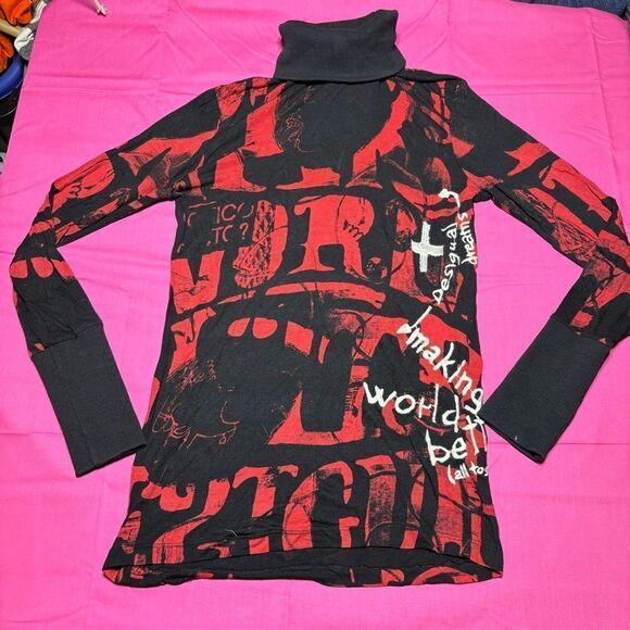 Desigual Womens Shirt Size Large Mock Neck Pullover Sweatshirt Graphic Red Black - Picture 1 of 5